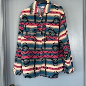 Women's Prissy Jane Southwestern Pink Blue Sherpa Button Front Jacket sz XL